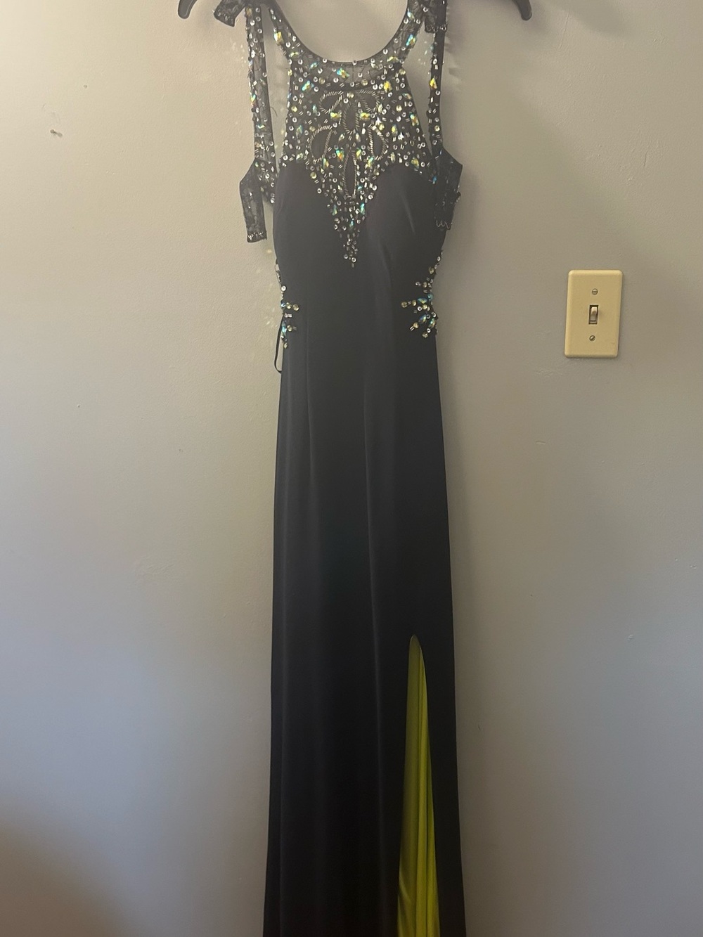 Navy Blue Beaded Halter Prom Dress with Green Accent